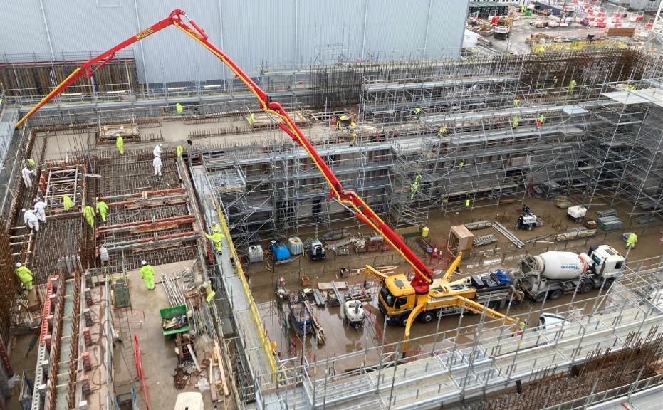 Schwing M43 mobile concrete pump pouring walls at the Sellafield Retreatment Plant